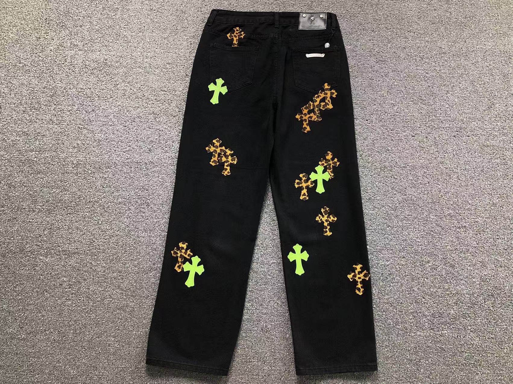 44bcd463 Chrome Hearts Green & Leopard Cross Patch Jeans - Image 1